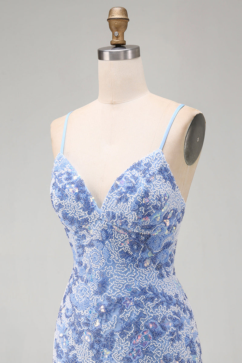 Load image into Gallery viewer, Sparkly Tight Blue Beaded Spaghetti Straps Short Cocktail Dress