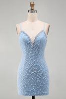 Load image into Gallery viewer, Sparkly Blue V-Neck Tight Short Cocktail Dress with Pearls