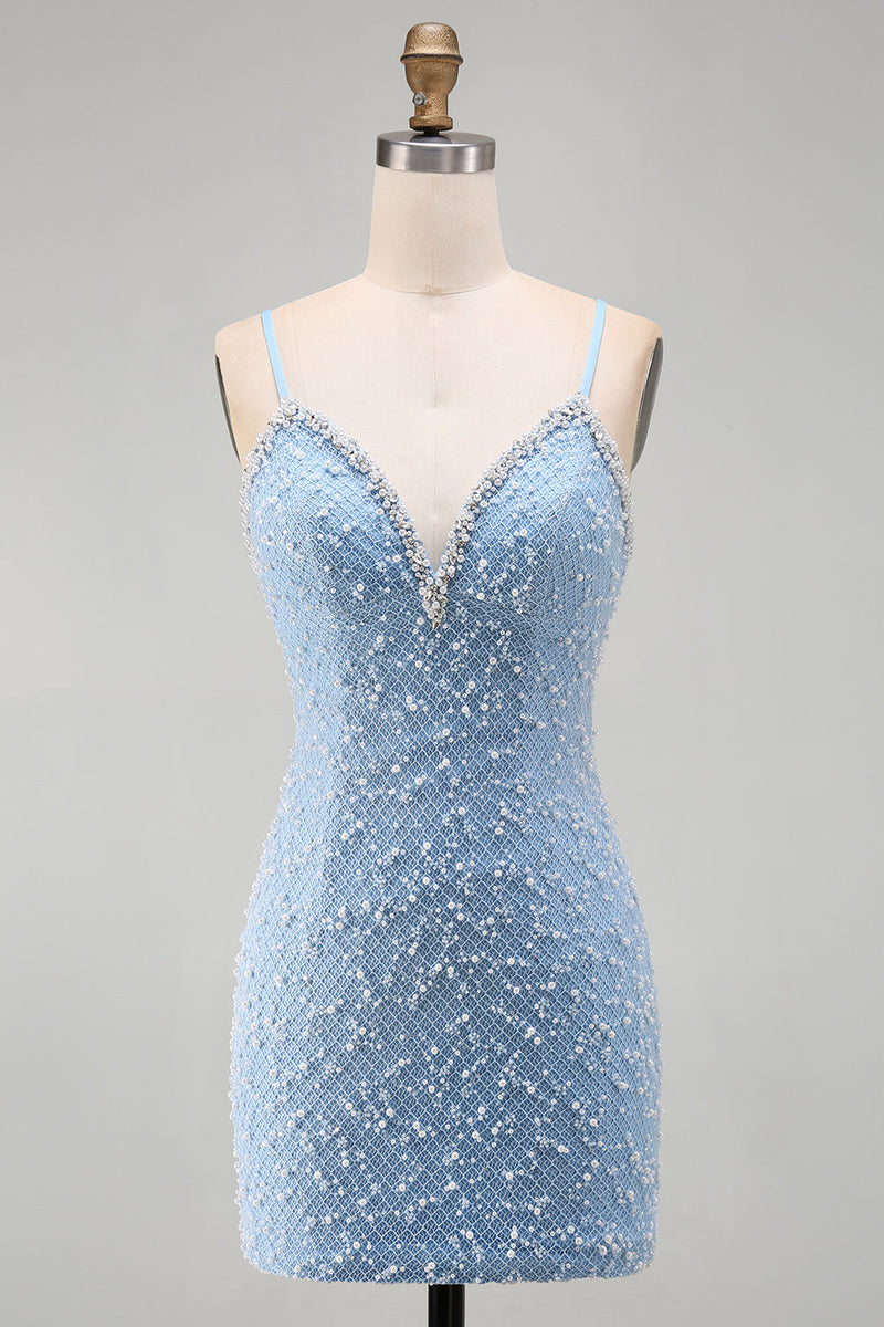 Load image into Gallery viewer, Sparkly Blue V-Neck Tight Short Cocktail Dress with Pearls