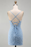 Load image into Gallery viewer, Sparkly Blue V-Neck Tight Short Cocktail Dress with Pearls