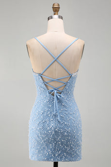 Sparkly Blue V-Neck Tight Short Cocktail Dress with Pearls