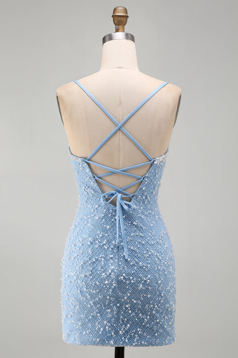 Load image into Gallery viewer, Sparkly Blue V-Neck Tight Short Cocktail Dress with Pearls