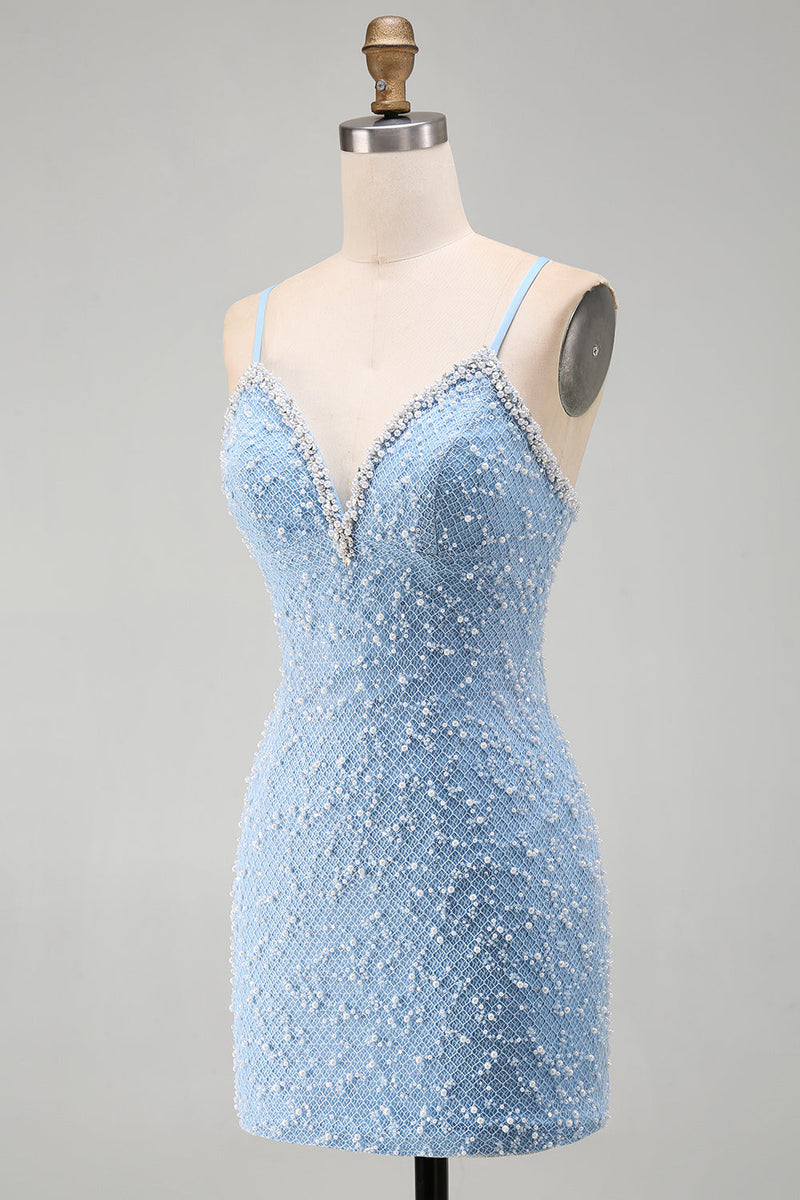 Load image into Gallery viewer, Sparkly Blue V-Neck Tight Short Cocktail Dress with Pearls