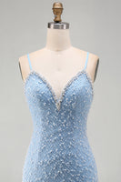 Load image into Gallery viewer, Sparkly Blue V-Neck Tight Short Cocktail Dress with Pearls