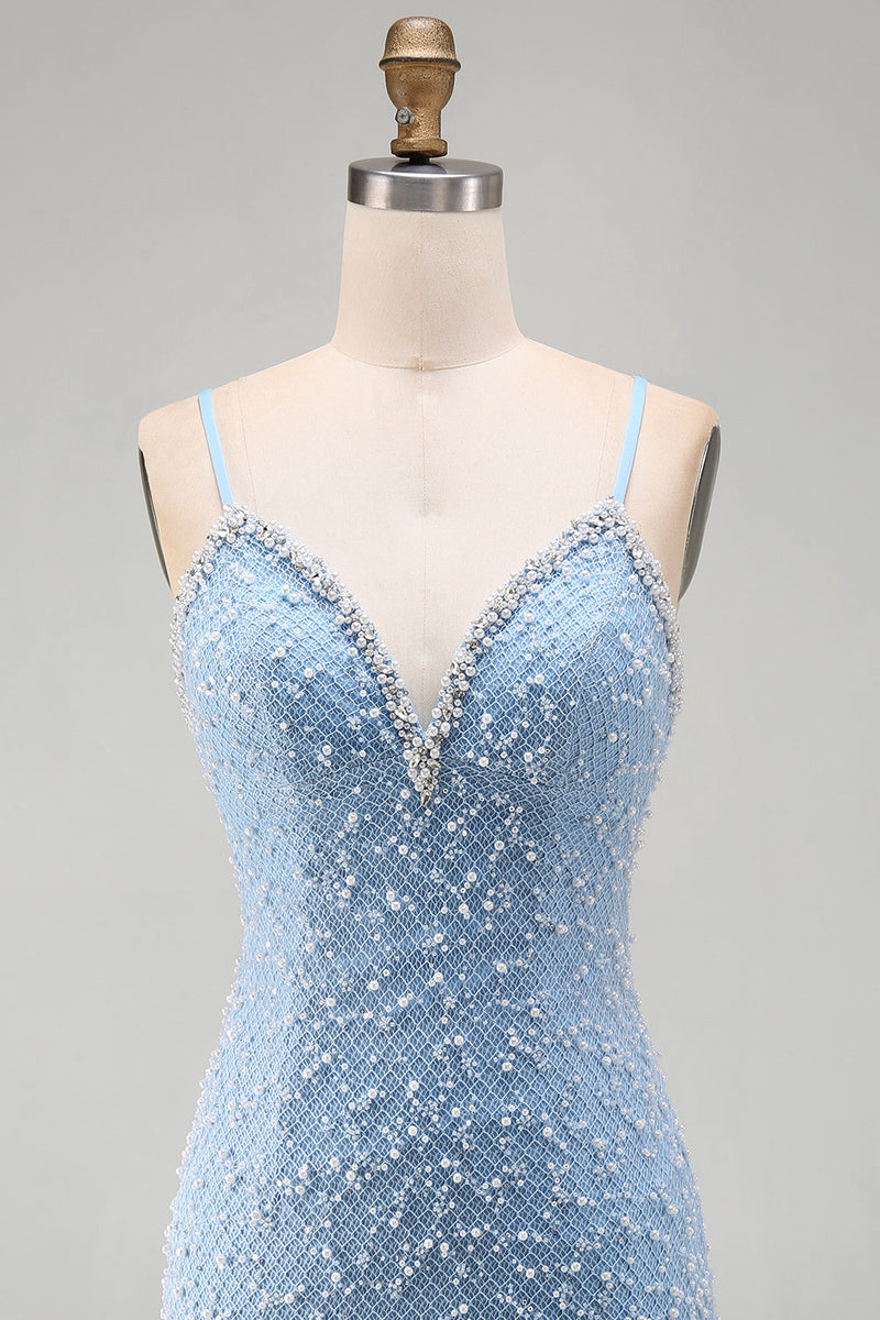 Load image into Gallery viewer, Sparkly Blue V-Neck Tight Short Cocktail Dress with Pearls