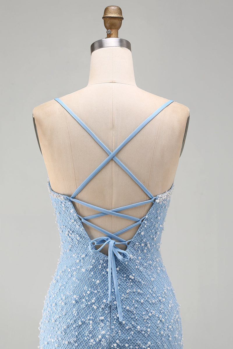 Load image into Gallery viewer, Sparkly Blue V-Neck Tight Short Cocktail Dress with Pearls
