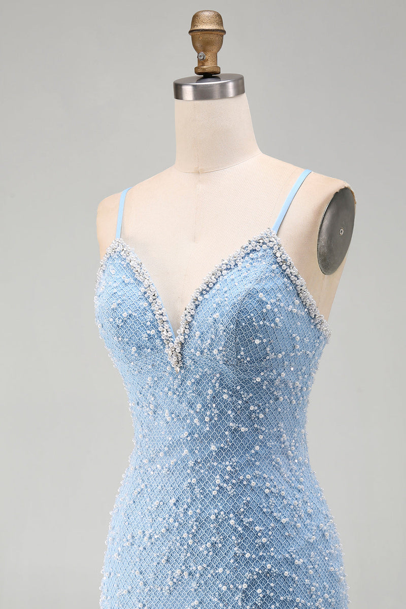 Load image into Gallery viewer, Sparkly Blue V-Neck Tight Short Cocktail Dress with Pearls