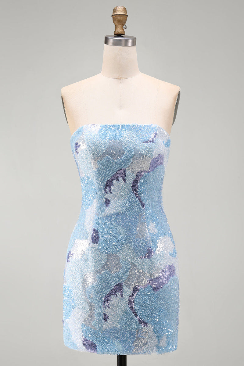 Load image into Gallery viewer, Sparkly Blue Beaded Tight Strapless Sequins Short Cocktail Dress