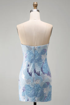 Sparkly Blue Beaded Tight Strapless Sequins Short Cocktail Dress