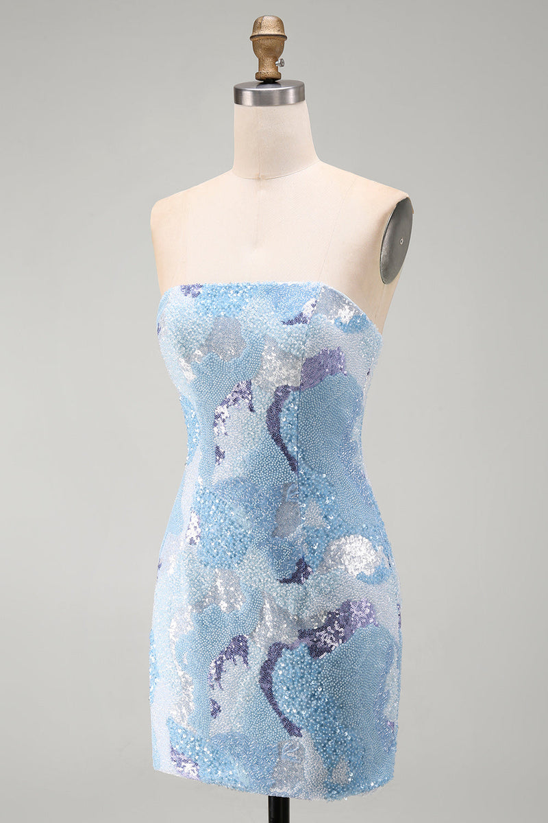 Load image into Gallery viewer, Sparkly Blue Beaded Tight Strapless Sequins Short Cocktail Dress