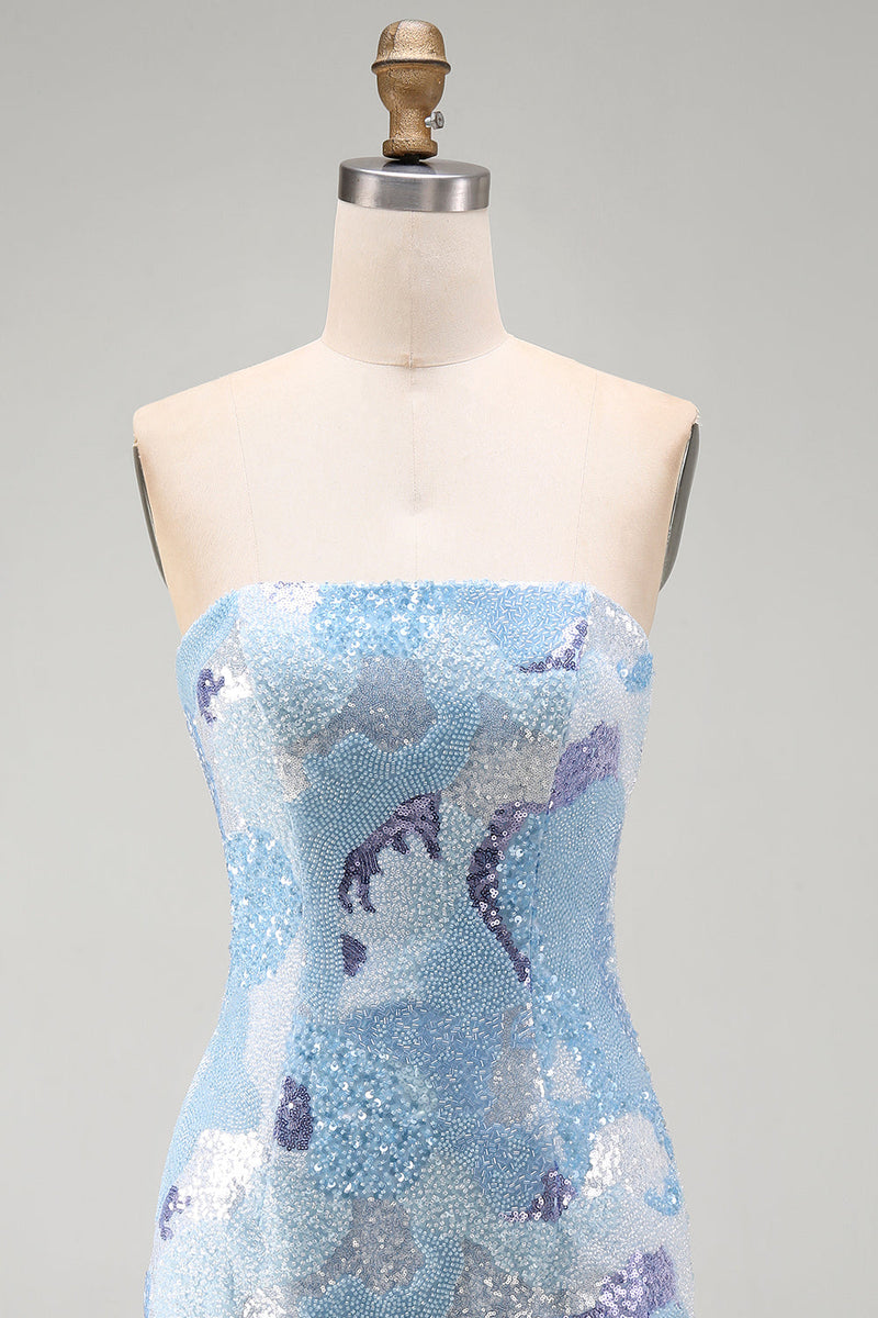 Load image into Gallery viewer, Sparkly Blue Beaded Tight Strapless Sequins Short Cocktail Dress