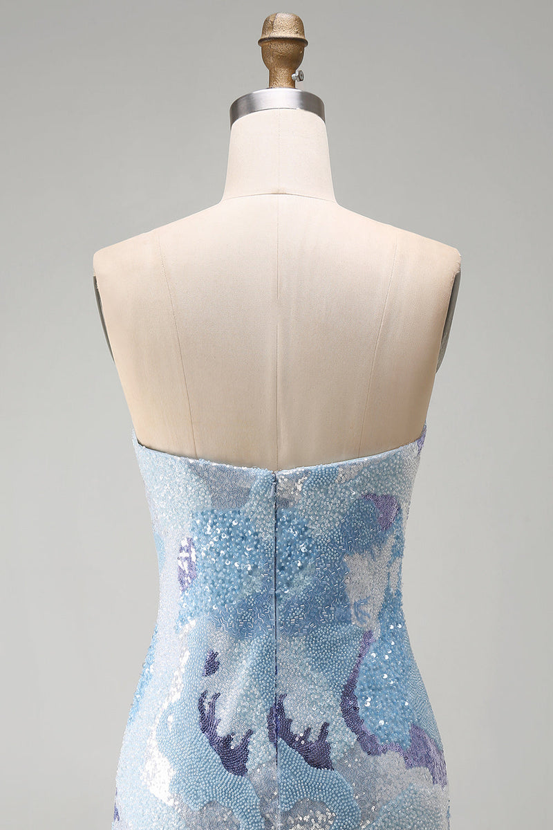 Load image into Gallery viewer, Sparkly Blue Beaded Tight Strapless Sequins Short Cocktail Dress