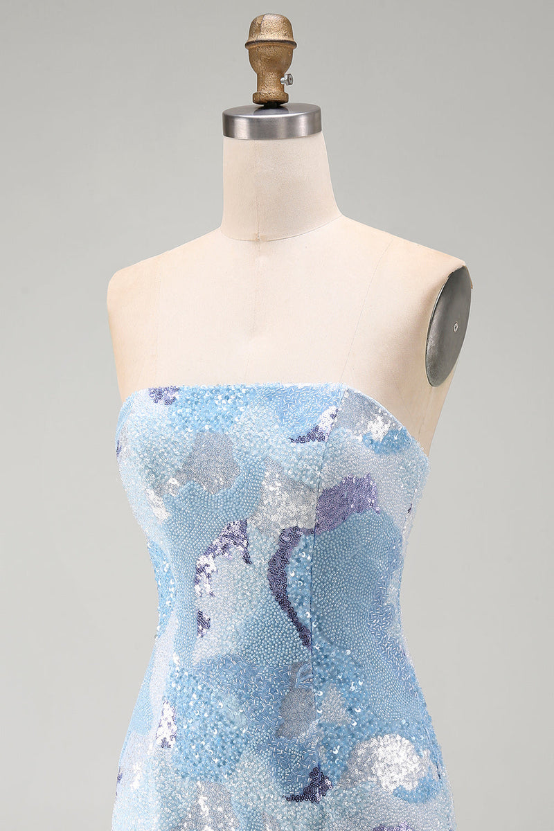 Load image into Gallery viewer, Sparkly Blue Beaded Tight Strapless Sequins Short Cocktail Dress