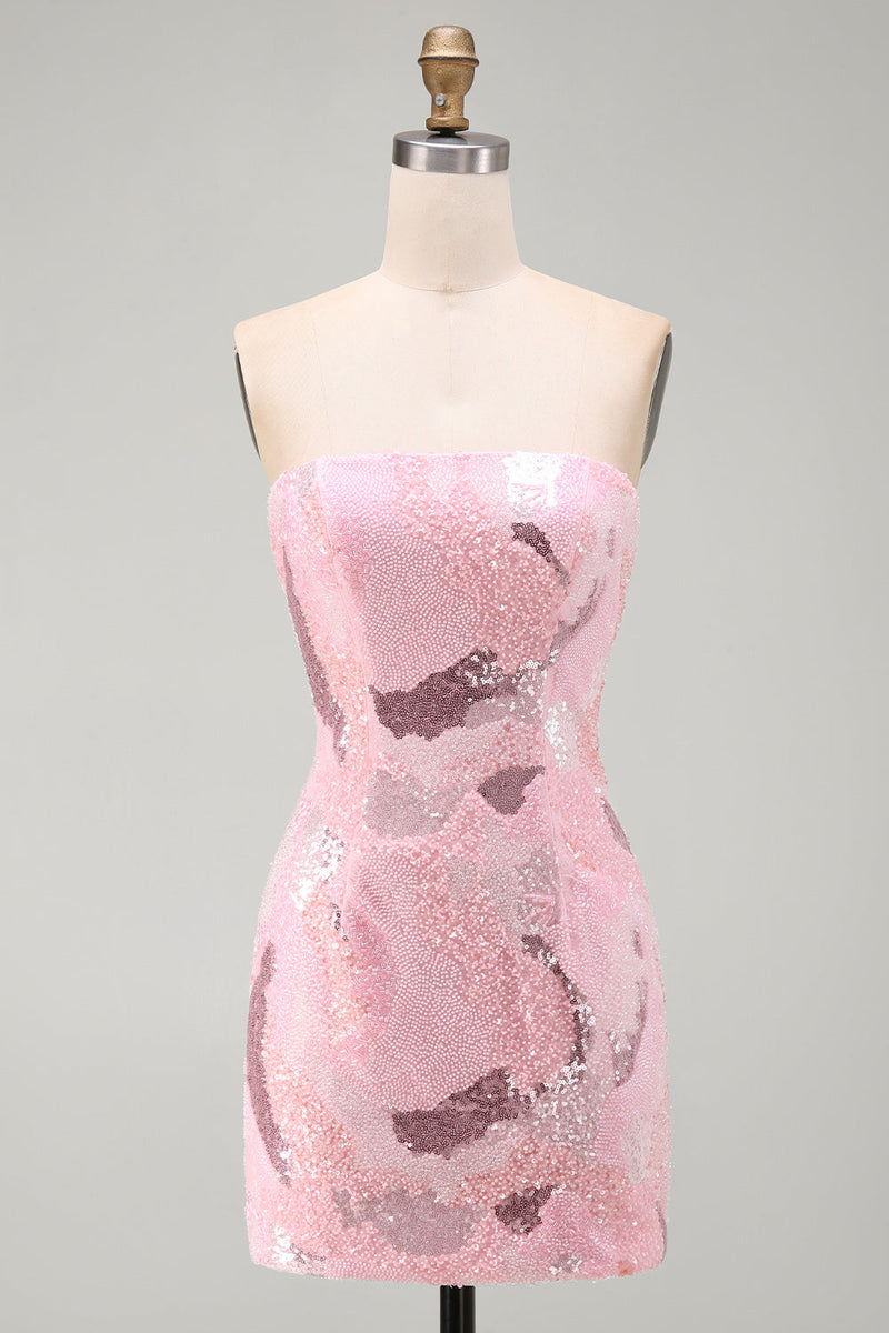 Load image into Gallery viewer, Sparkly Pink Tight Strapless Beaded Short Cocktail Dress