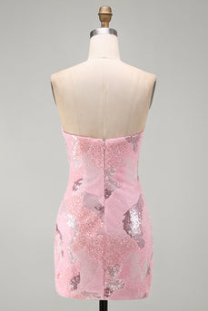 Sparkly Pink Tight Strapless Beaded Short Cocktail Dress