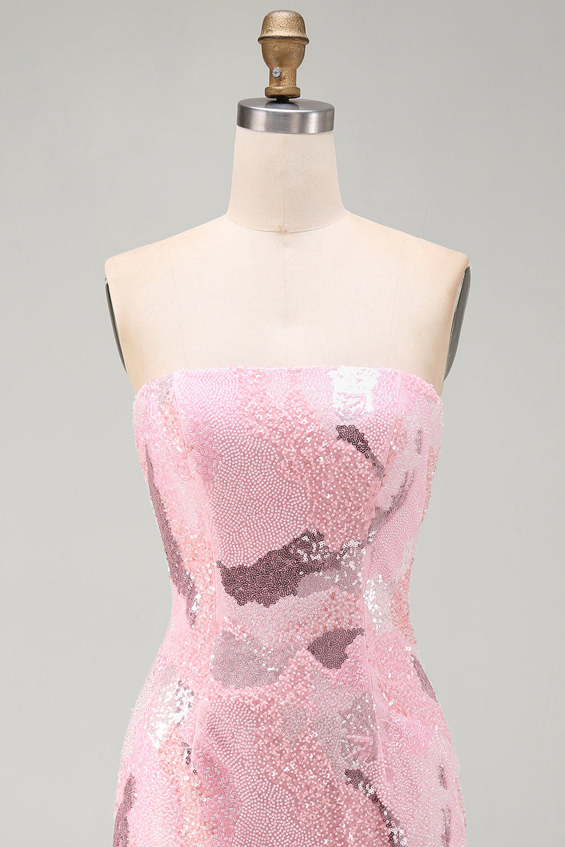Load image into Gallery viewer, Sparkly Pink Tight Strapless Beaded Short Cocktail Dress
