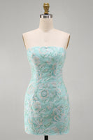 Load image into Gallery viewer, Sparkly Mint Floral Strapless Beaded Tight Short Cocktail Dress