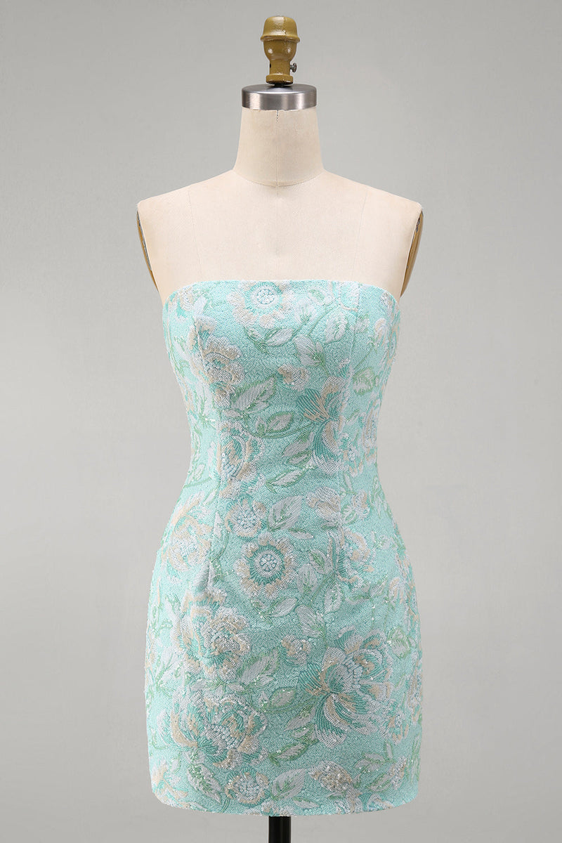 Load image into Gallery viewer, Sparkly Mint Floral Strapless Beaded Tight Short Cocktail Dress