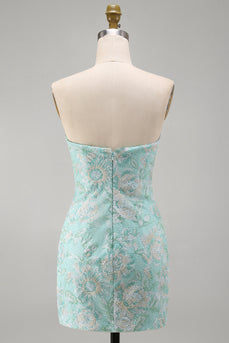 Sparkly Mint Floral Strapless Beaded Tight Short Cocktail Dress