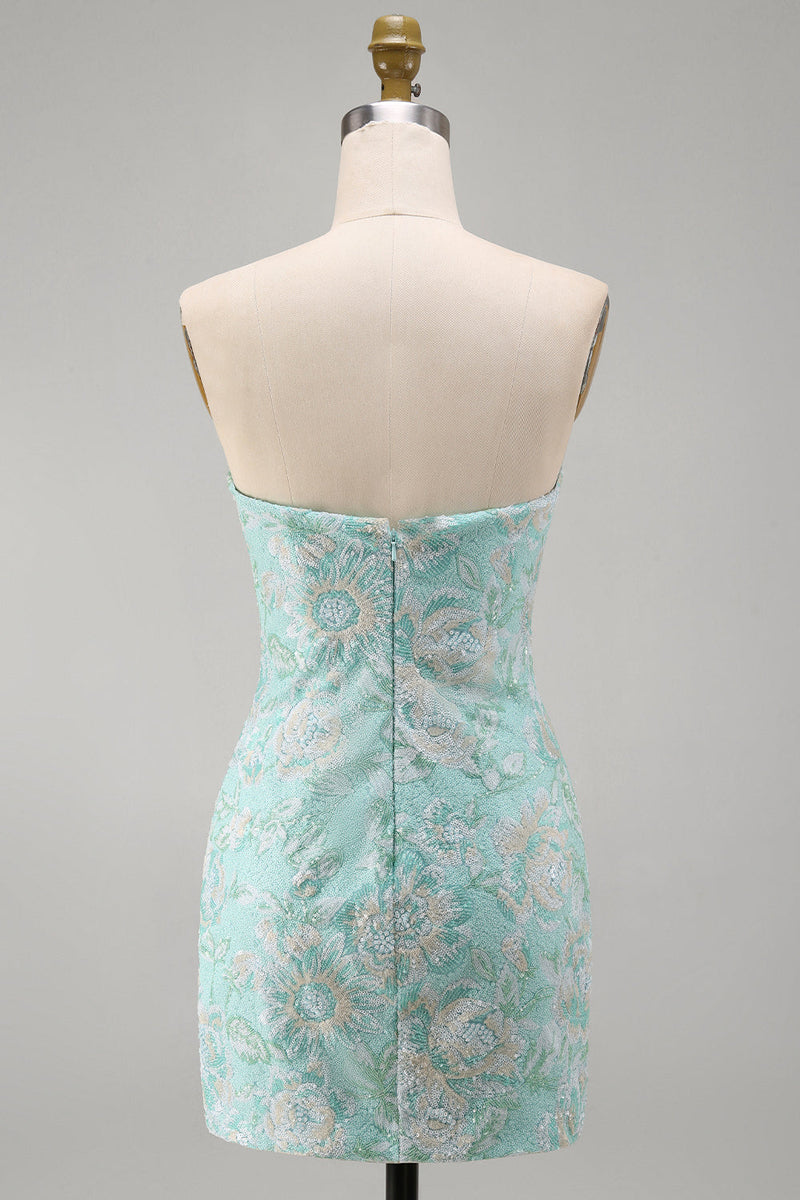 Load image into Gallery viewer, Sparkly Mint Floral Strapless Beaded Tight Short Cocktail Dress