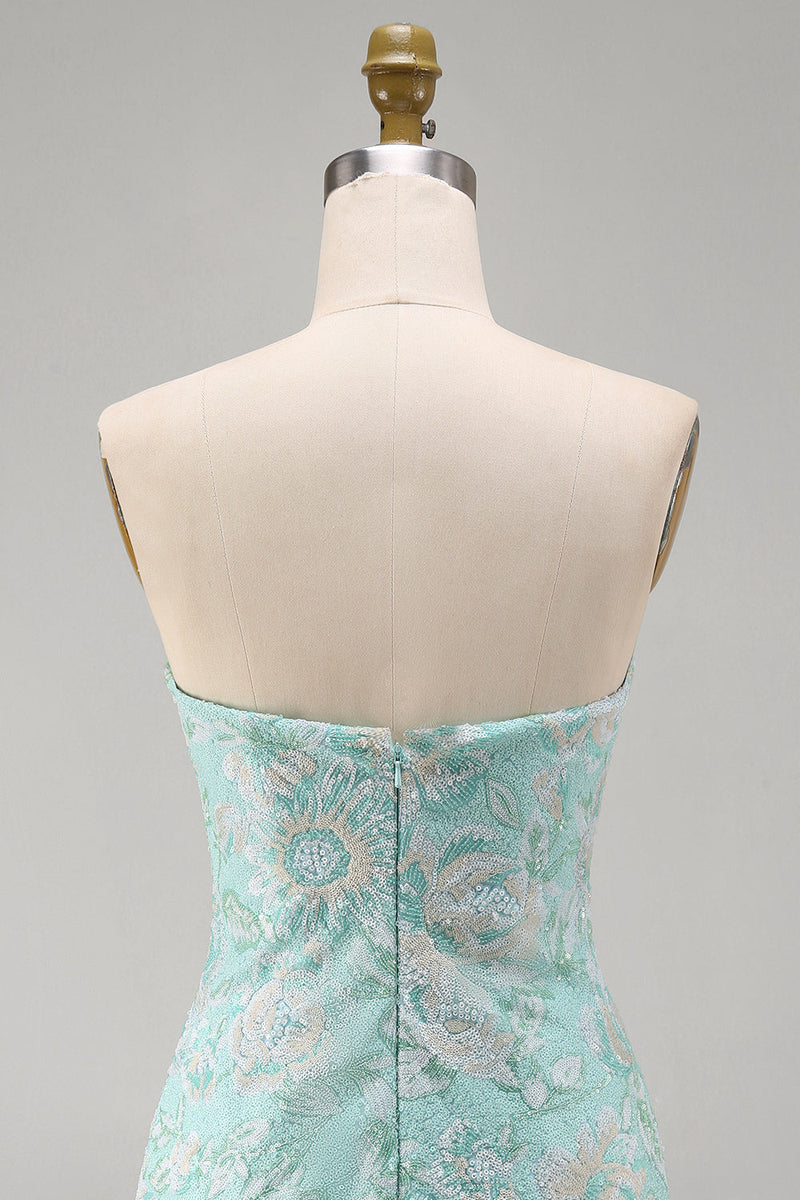 Load image into Gallery viewer, Sparkly Mint Floral Strapless Beaded Tight Short Cocktail Dress