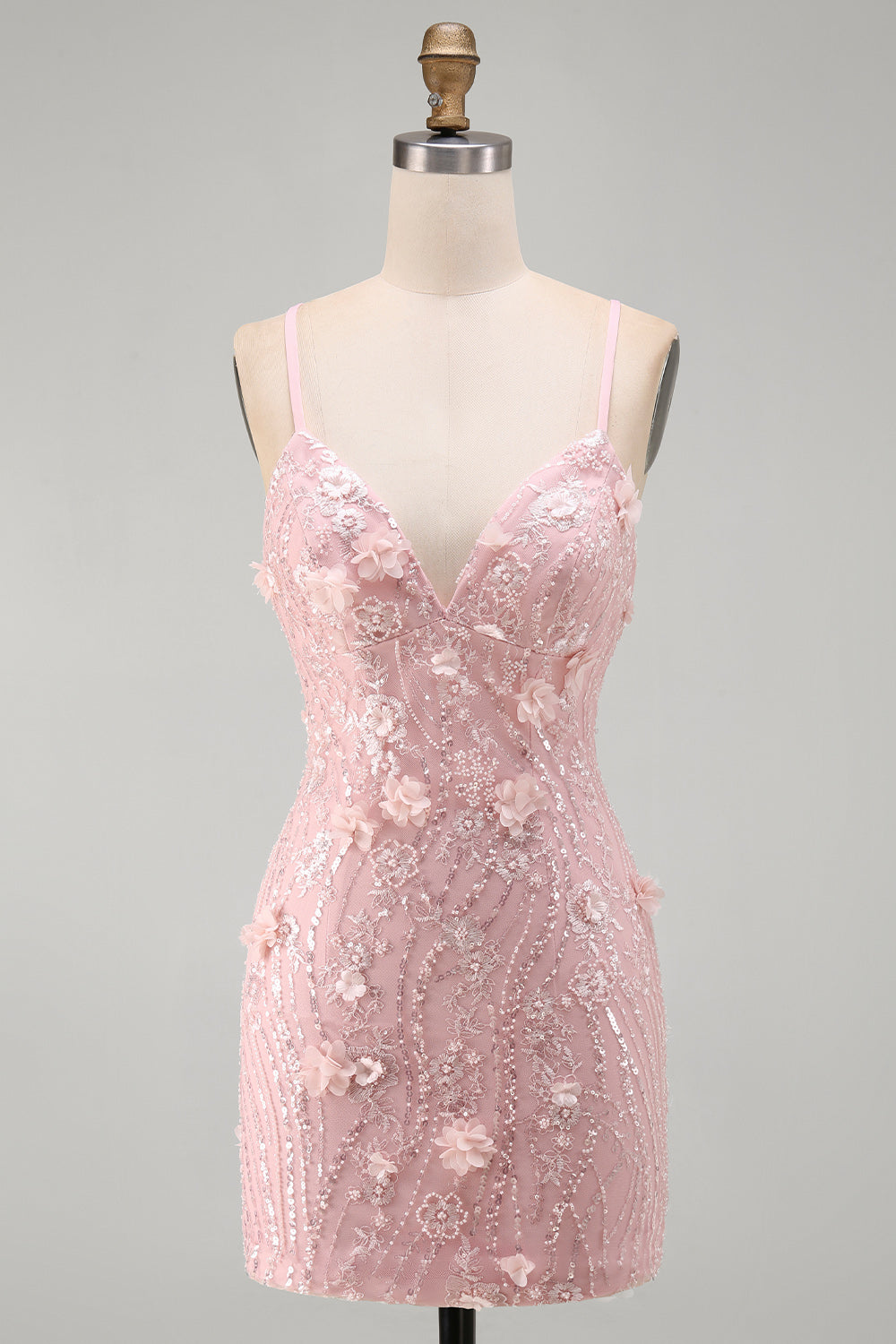 Sparkly Pink Beaded Tight V-Neck Short Cocktail Dress with 3D Flower