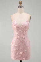 Load image into Gallery viewer, Sparkly Pink Beaded Tight V-Neck Short Cocktail Dress with 3D Flower