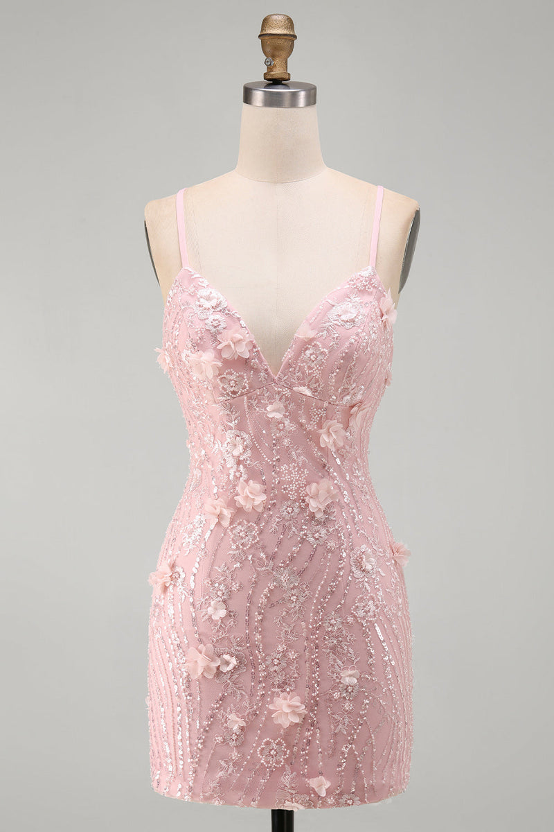 Load image into Gallery viewer, Sparkly Pink Beaded Tight V-Neck Short Cocktail Dress with 3D Flower