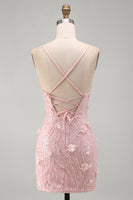 Load image into Gallery viewer, Sparkly Pink Beaded Tight V-Neck Short Cocktail Dress with 3D Flower