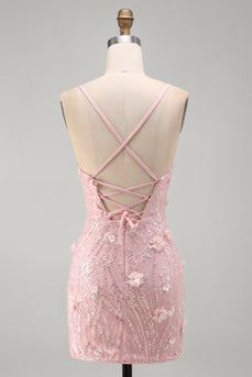 Sparkly Pink Beaded Tight V-Neck Short Cocktail Dress with 3D Flower