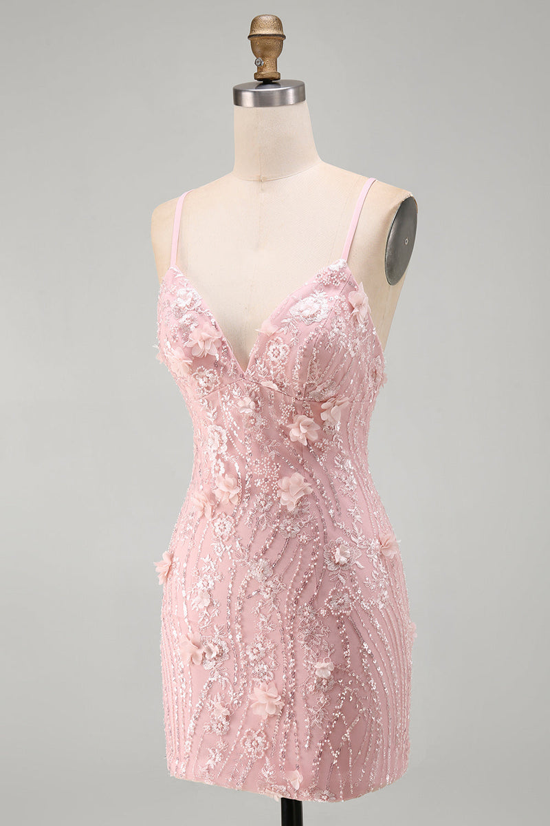 Load image into Gallery viewer, Sparkly Pink Beaded Tight V-Neck Short Cocktail Dress with 3D Flower
