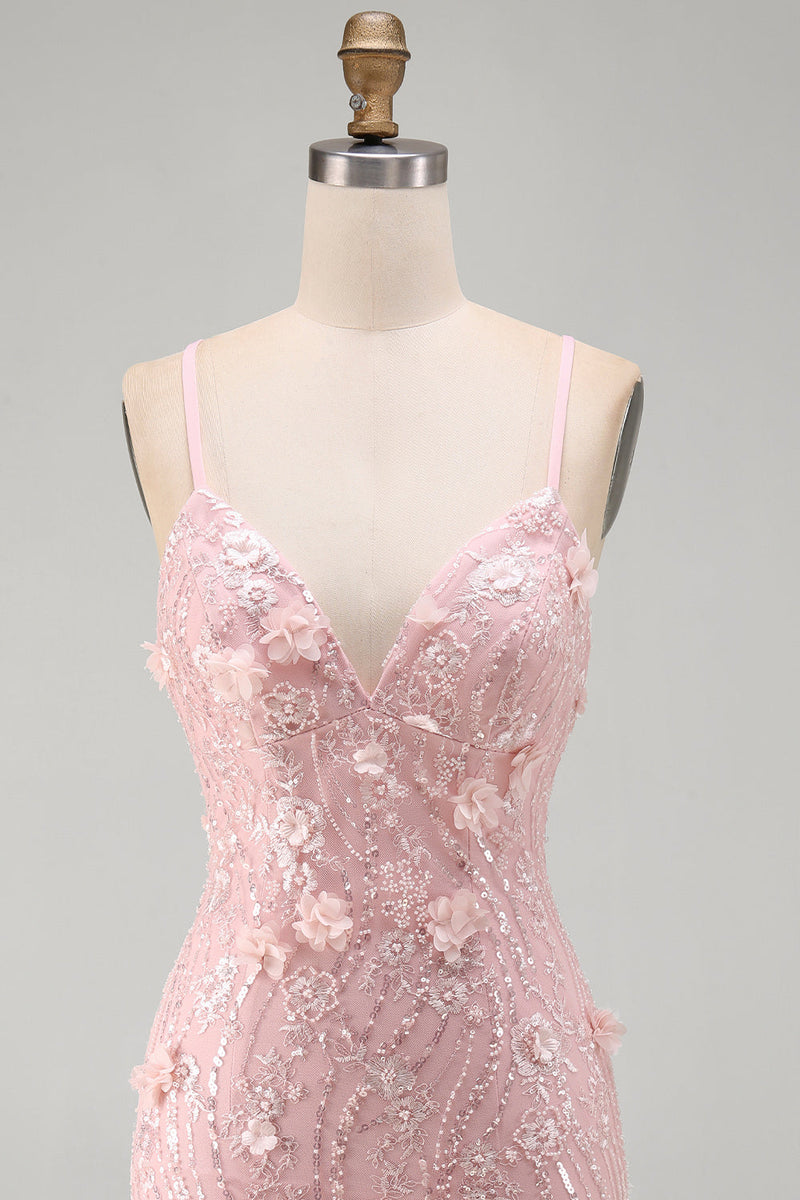 Load image into Gallery viewer, Sparkly Pink Beaded Tight V-Neck Short Cocktail Dress with 3D Flower