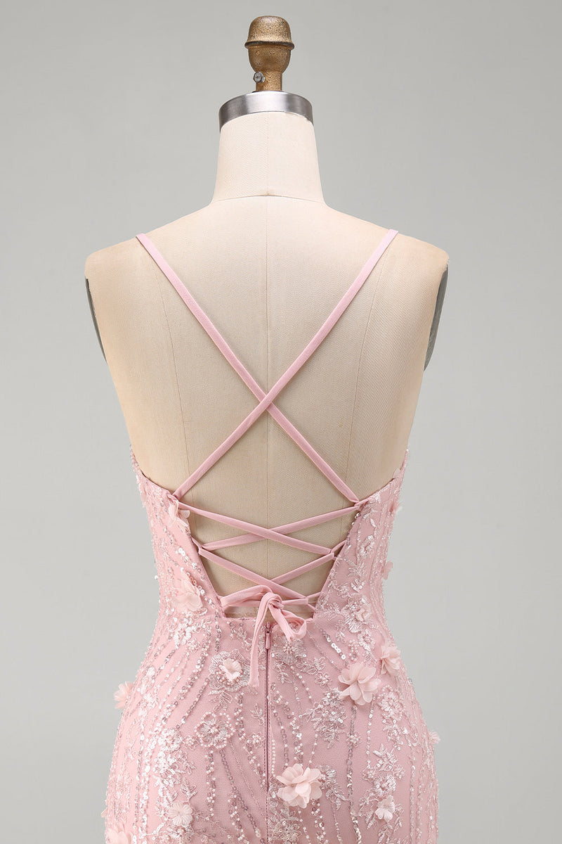 Load image into Gallery viewer, Sparkly Pink Beaded Tight V-Neck Short Cocktail Dress with 3D Flower