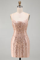 Load image into Gallery viewer, Sparkly Champagne Tight Scoop Neck Sequins Short Cocktail Dress