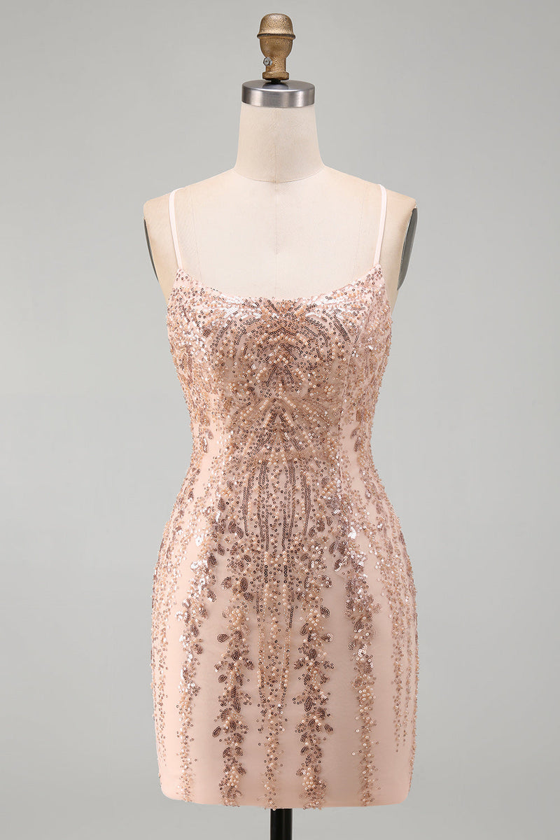 Load image into Gallery viewer, Sparkly Champagne Tight Scoop Neck Sequins Short Cocktail Dress