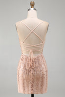 Load image into Gallery viewer, Sparkly Champagne Tight Scoop Neck Sequins Short Cocktail Dress