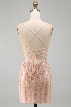 Sparkly Champagne Tight Scoop Neck Sequins Short Cocktail Dress