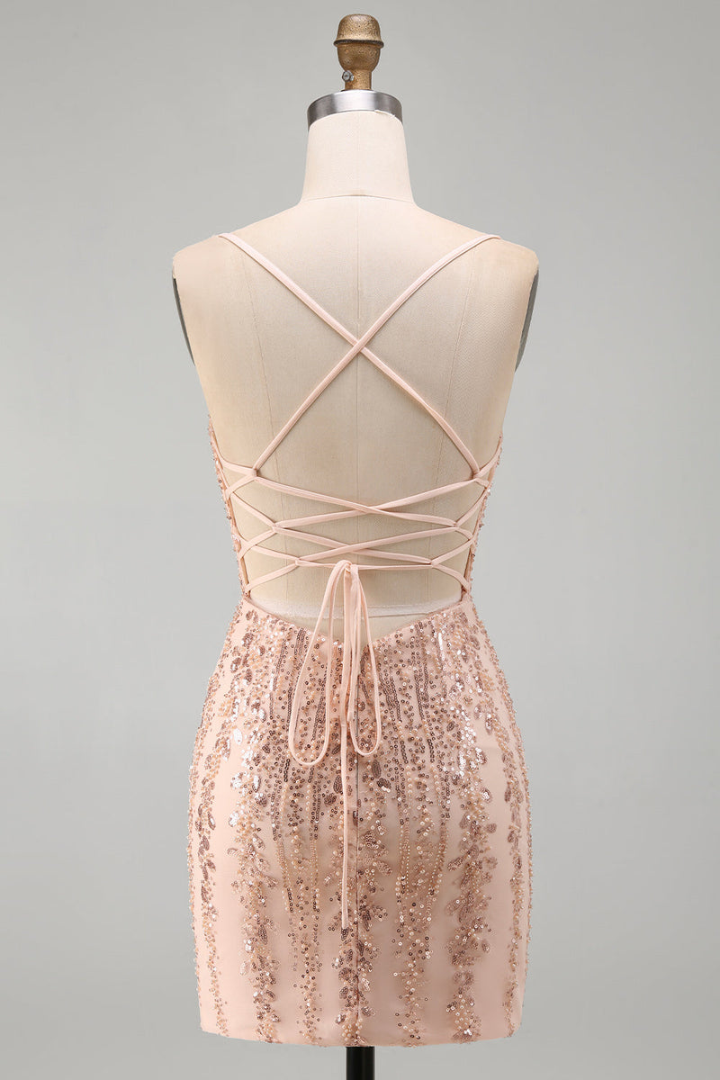 Load image into Gallery viewer, Sparkly Champagne Tight Scoop Neck Sequins Short Cocktail Dress