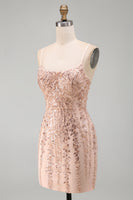 Load image into Gallery viewer, Sparkly Champagne Tight Scoop Neck Sequins Short Cocktail Dress