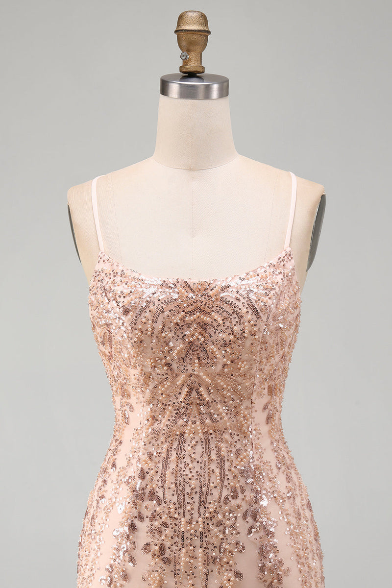 Load image into Gallery viewer, Sparkly Champagne Tight Scoop Neck Sequins Short Cocktail Dress