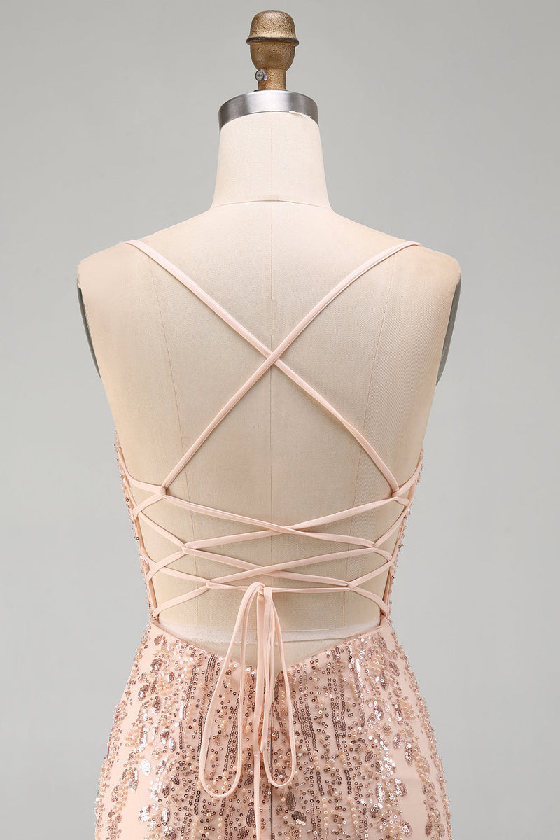 Load image into Gallery viewer, Sparkly Champagne Tight Scoop Neck Sequins Short Cocktail Dress