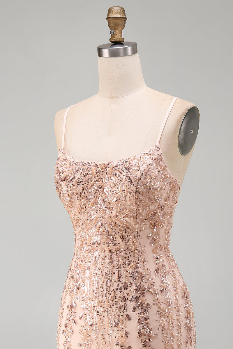 Load image into Gallery viewer, Sparkly Champagne Tight Scoop Neck Sequins Short Cocktail Dress