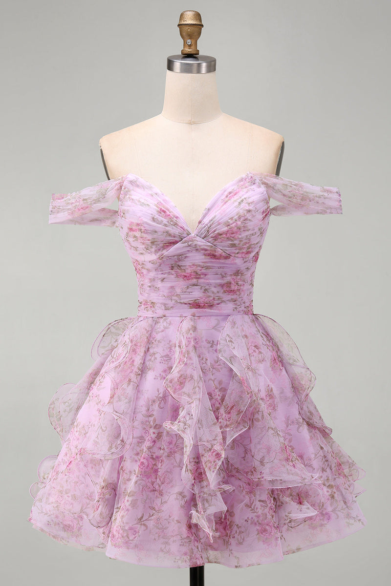 Load image into Gallery viewer, Lilac A-Line Floral Ruched Short Cocktail Dress with Ruffles