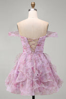 Load image into Gallery viewer, Lilac A-Line Floral Ruched Short Cocktail Dress with Ruffles