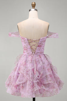 Lilac A-Line Floral Ruched Short Cocktail Dress with Ruffles
