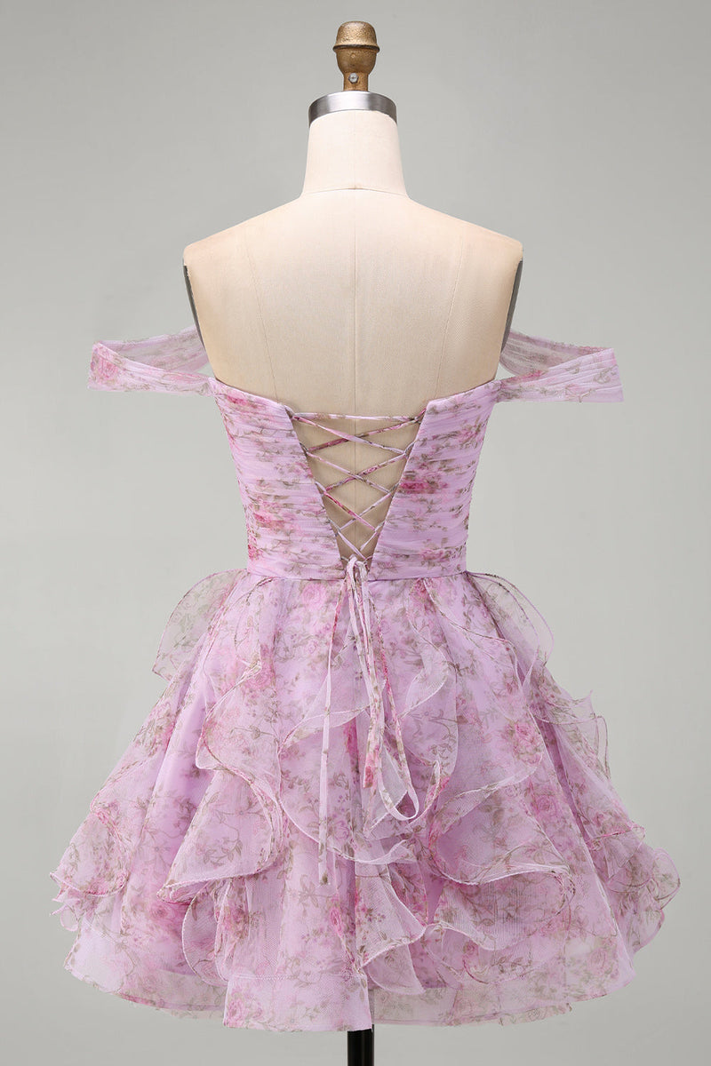 Load image into Gallery viewer, Lilac A-Line Floral Ruched Short Cocktail Dress with Ruffles