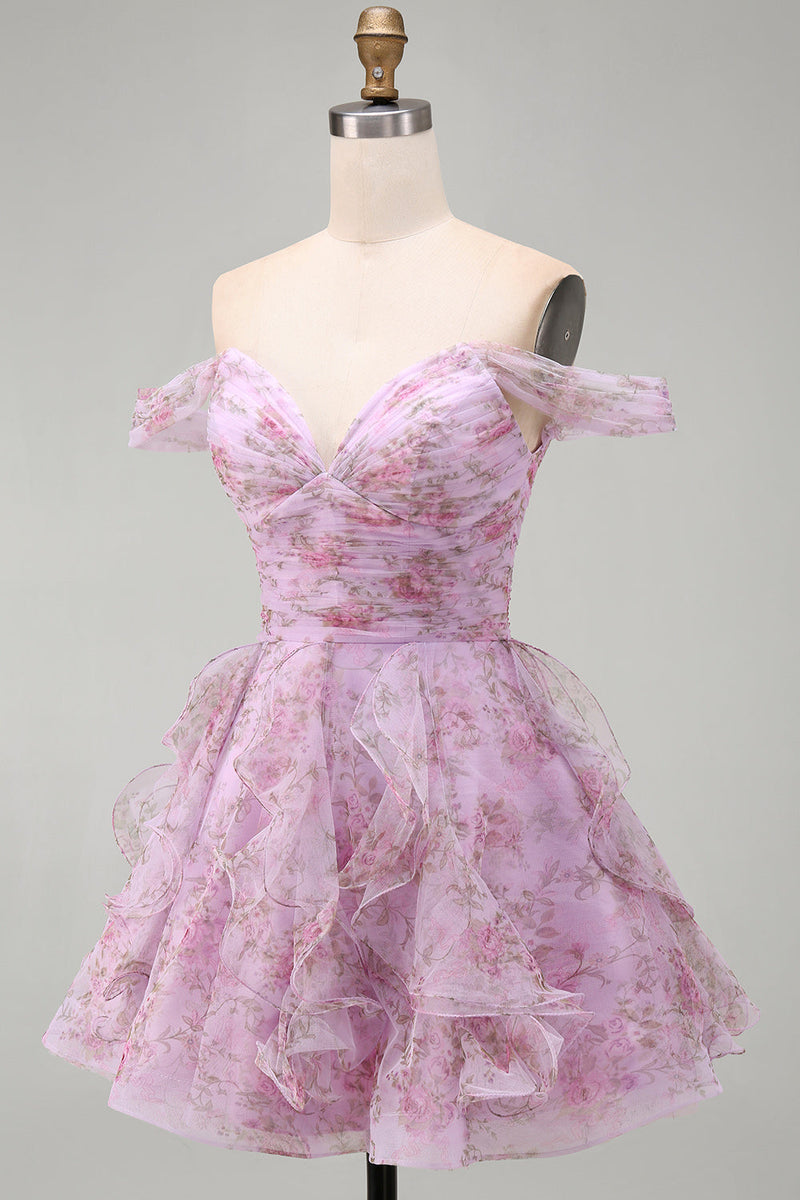 Load image into Gallery viewer, Lilac A-Line Floral Ruched Short Cocktail Dress with Ruffles