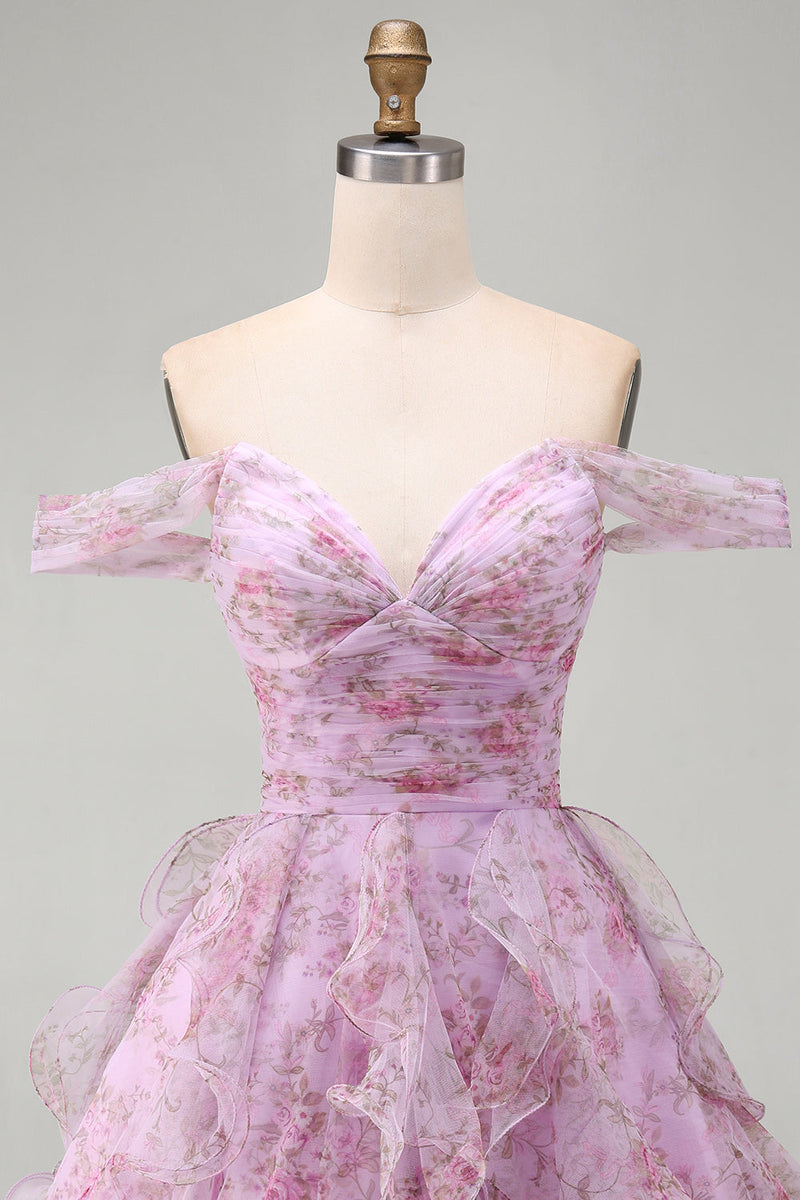 Load image into Gallery viewer, Lilac A-Line Floral Ruched Short Cocktail Dress with Ruffles