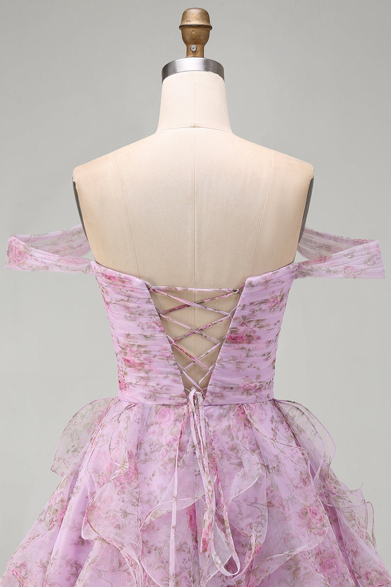Load image into Gallery viewer, Lilac A-Line Floral Ruched Short Cocktail Dress with Ruffles