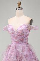 Load image into Gallery viewer, Lilac A-Line Floral Ruched Short Cocktail Dress with Ruffles